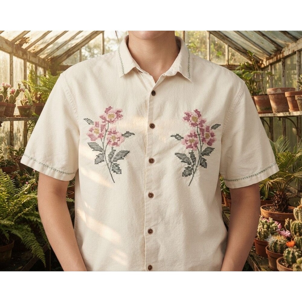 Aeropostale Women XS Oversized Cotton Linen Button Down Shirt Embroidered Floral